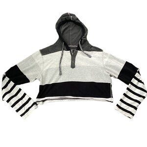 Cropped Long Sleeve Hoodie Top Truth Substance Sz L Mixed Stripe Black Gray 214B